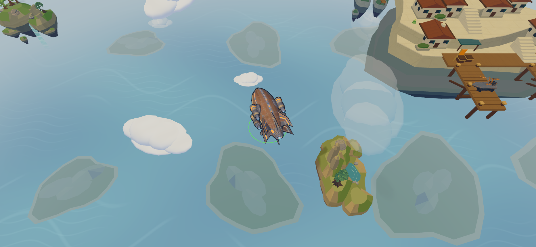 Airship climbing away from Port Meridian's piers toward open sky.
